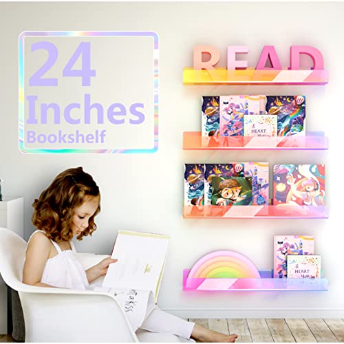 24 inches Iridescent Acrylic Bookshelf for Kids, Wall Mounted Kids Display Book Shelves for Room Nursery Toddler Classroom (2 Packs) - color: 24in-iridescent