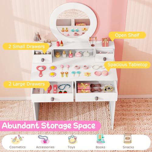 Costzon Kids Vanity, Princess Makeup Dressing Desk with Mirror and Stool, 4 Storage Drawers, Pretend Play Vanity Table and Chair Set for Little Girls (White) - style: White with Round Mirror