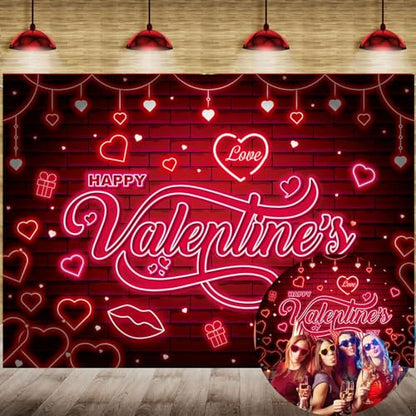 Valentines Banner Backdrop 7x5FT Red Glitter Heart Neon Valentine's Day Photography Background Valentines Theme Party Decorations Photo Props