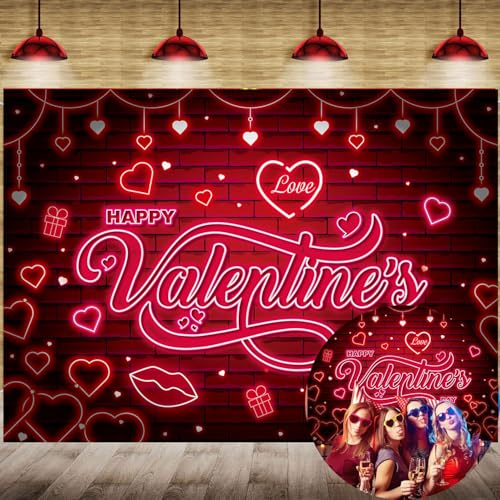 Valentines Banner Backdrop 7x5FT Red Glitter Heart Neon Valentine's Day Photography Background Valentines Theme Party Decorations Photo Props