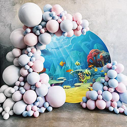 Laeacco 7.5x7.5ft Under The Sea Round Backdrop Cartoon Underwater Animals Circle Backdrop Cover Ocean Theme Happy Birthday Photo Background for Baby Shower Children Birthday Party Portrait Booth Props - size: 7.5x7.5ft-Diameter