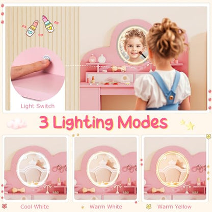 Costzon Kids Vanity, Girls Vanity Set with Lighted Mirror, Bookshelf, Drawers, Hooks & Storage Shelves, Toddler Makeup Vanity Desk Dressing Table, Wooden Kids Vanity Table and Chair Set (Pink) - style: Pink with Bookshelf