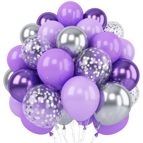Purple Silver Balloons, 12 Inch Metallic Purple Silver Balloons Light Purple Silver Latex Balloons Lavender Silver Confetti Balloons for Princess Party Girl Birthday Wedding Baby Shower Decorations - color: Purple and Silver
