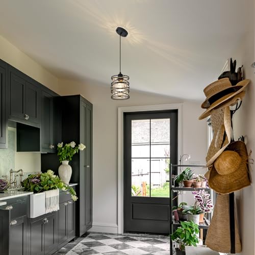 Hammered Glass Pendant Light, Black Metal Spiral Cage Hanging Lamp, Adjustable Height Modern Hanging Light Fixture for Kitchen Island, Dining Room, Living Room, Hallway, Entryway - color: 1-Pack Hammered Glass 6.30in