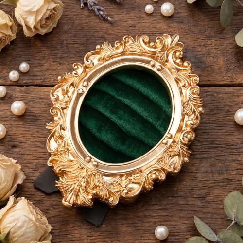 Liliaafar Vintage Ring Holder Oval Green Mat Ring Wedding Display Suede Jewelry Box Stand Frame Earring Tray Anniversary Engagement Baroque Organizer Photograph Prop for Women Birthday Gifts - color: Green Mat, style: Oval