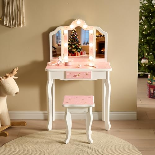 Nromant Kids Vanity Set, Princess Toddler Makeup Vanity with Mirror and 3-Color LED Lighted, Wooden Kids Vanity Table and Chair Set with Drawer for Little Girls - color: Pink With Lighted