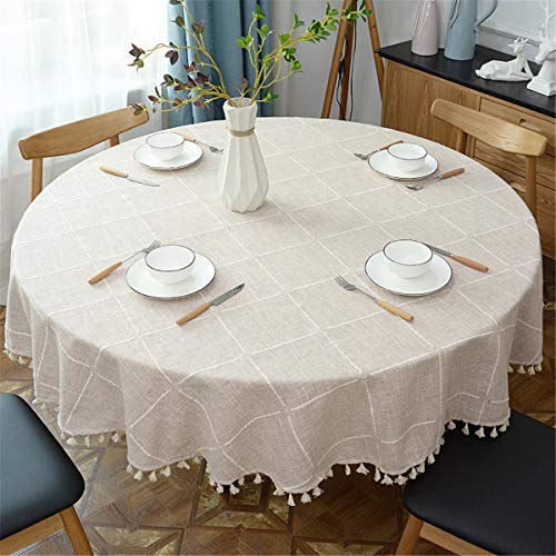 Round Tassel Plaid Tablecloth, Heavy Weight Cotton Linen Fabric Table Cover for Kitchen Dining Tabletop Decoration, Beige, 78" Round - color: Beige, size: 78" (Round)