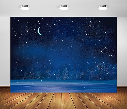 BELECO 8x6ft Fabric Winter Wonderland Night Snowfall Backdrop Blue Starry Sky Moon Stars Snowflakes Fir Trees Pine Forest Snow Scene Background Christmas New Year Party Decoration Photo Studio Props - size: 8x6FT