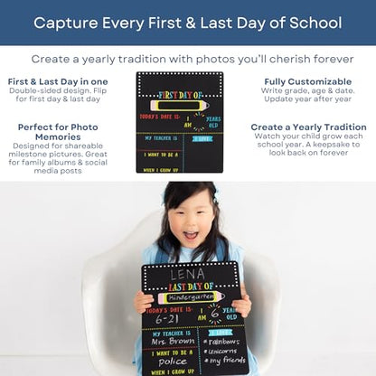 Kate & Milo First and Last Day of School Chalkboard Sign, Reusable Double Sided Back to School Photo Prop with Chalk, Kids Milestone Board - style: First and Last Day School Chalkboard