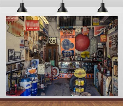 BELECO 7x5ft Fabric Route 66 Gas Station Museum Garage Backdrop for Photography Historic Route 66 Arizona, USA Background Photo Booth Studio Props - size: 7x5FT