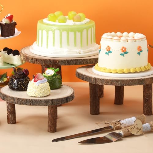 Jetec 11 Pcs Wood Cake Stand Rectangular Round Rustic Wedding Cake Holder Tray with Wooden Slice Toppers and Cutter for Wedding Reception Party Event