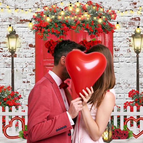 Valentines Backdrop 10x8ft Red Rose Love Heart White Brick Wall Red Door Photography Background Happy Valentine's Day Wedding Bridal Shower Anniversary Party Photo Booth Props