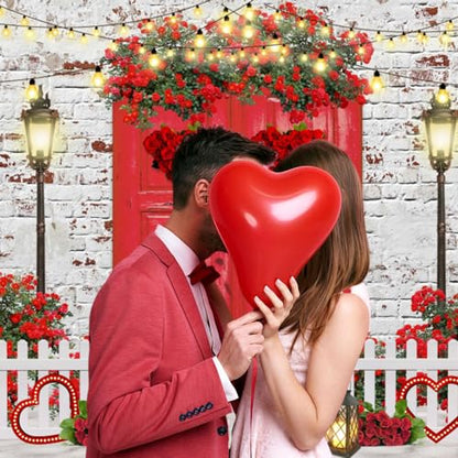 Valentines Backdrop 10x8ft Red Rose Love Heart White Brick Wall Red Door Photography Background Happy Valentine's Day Wedding Bridal Shower Anniversary Party Photo Booth Props