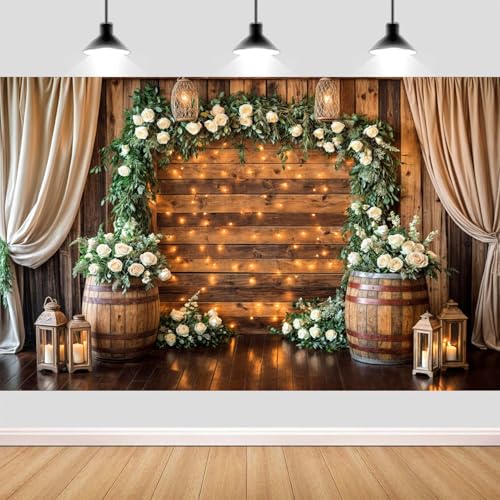 6X4ft Wooden Wedding Backdrop Vintage Country Floral Barn Door Photography Background for Bridal Shower Anniversary Western Rustic Plank Birthday Party Decor Photo Studio Props Wall Decor Banner - color: Brown, size: 6X4FT
