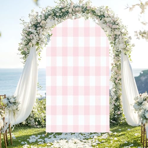 Wedding Arch Backdrop Cover 7.2FT Pink White Plaid Texture Seamless Fabric Checkered Gingham Spandex Fitted Arch Cover Round Top Stands Cover for Birthday Party Ceremony Banquet Decoration - size: 7.2x4 FT