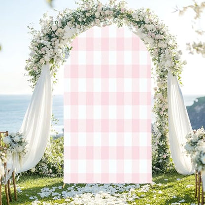 Wedding Arch Backdrop Cover 7.2FT Pink White Plaid Texture Seamless Fabric Checkered Gingham Spandex Fitted Arch Cover Round Top Stands Cover for Birthday Party Ceremony Banquet Decoration - size: 7.2x4 FT