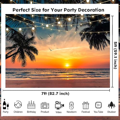 Sensfun Sea Beach Sunset Backdrop Hawaii Tropical Palm Trees Luau Party Photography Background Summer Seaside Vacation Wedding Birthday Baby Shower Party Decorations Banner Photo Booth Props 7x5ft - size: 7x5ft