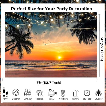 Sensfun Sea Beach Sunset Backdrop Hawaii Tropical Palm Trees Luau Party Photography Background Summer Seaside Vacation Wedding Birthday Baby Shower Party Decorations Banner Photo Booth Props 7x5ft - size: 7x5ft