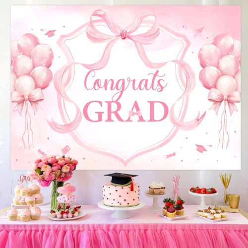 Pink Bow Graduation Party Decorations Backdrop Banner 7 x 5 ft Congrats Grad Background Photo Booth Prop Vinyl Pre-Punched Hole for Girl Class of 2026 Congrats Grad Congratulations Party - size: 7*5ft