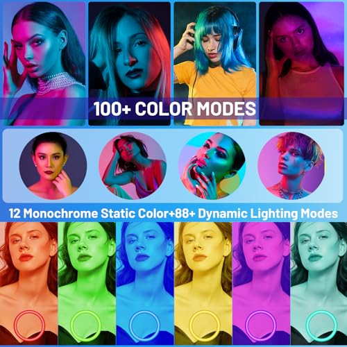 12'' Ring Light with Stand 75'' Tall & Phone Holder, 100+ Color Modes Selfie Light with Tripod Stand, Big LED Circle Lights for iPhone/Android/Camera/YouTube/Makeup/Live Stream/TikTok/Video - size: 12 inch - 29 RGB Lighting Modes