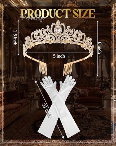 Princess Tiara Crown with Satin Gloves Set Crystal Headpiece for Graduation Prom and Party Photo Props - color: Gold, style: A