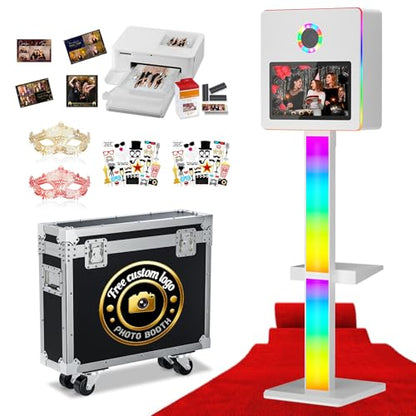 DSLR Photo Booth Built-in Mini PC and Flight Case Mirror Photo Booth with 15.6" Touch Screen RGB Lights App Control for Parties Weddings Event Rentals (White+Printer) - color: White+printer
