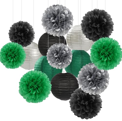 Green-Black Silver Party-Decorations Paper Flowers Lanterns - 15PCS Football Game Day Birthday Tissue Pom Poms Streamers, Bachelorette New Years Hanging Supplies Decor Hugfond - color: Dark Green Black Silver