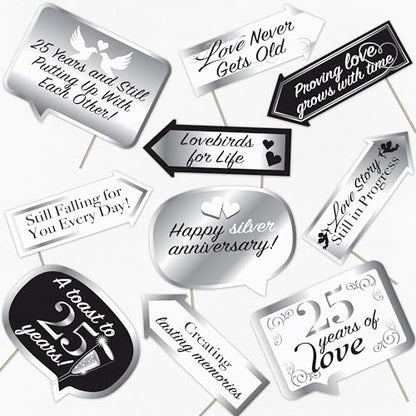 25th Wedding Anniversary Photo Booth Props - Love Never Gets Old Themed Party Decorations - We Still Do Photography Supplies - Selfie Props with Sticks - 10pcs