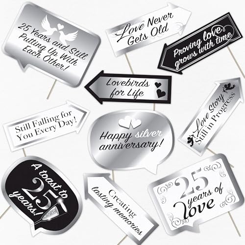 25th Wedding Anniversary Photo Booth Props - Love Never Gets Old Themed Party Decorations - We Still Do Photography Supplies - Selfie Props with Sticks - 10pcs