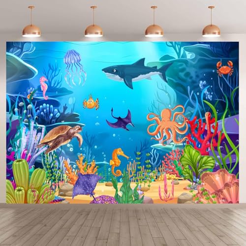 deFouliao Under The Sea Backdrop Ocean Underwater Coral Shark Turtle Octopus Jellyfish Background for Baby Shower Birthday Party Decorations Photo Banner Props, 6x4ft - color: Blue, size: 6x4ft