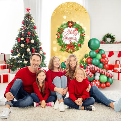 Merry Christmas Arch Backdrop Stand Cover 7.2ft Gold Arch Wall Backdrop Christmas Day Round Top Cover Spandex Fabric 2-Sided for Winter Party Xmas Family Holiday Photo - color: Christmas2, size: 7.2FT