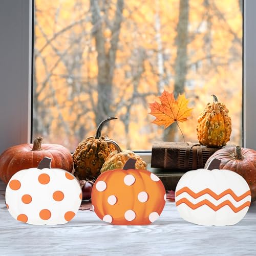 COCHIE Fall Pumpkin Decorations for Home Indoor, Thanksgiving Table Decor, Harvest Tabletop Decoration, Wooden Pumpkins Signs Block for Tiered Tray Party Shelf Display Set of 3 - style: Pumpkin