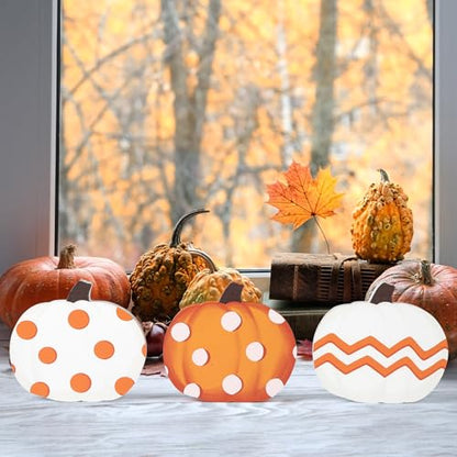 COCHIE Fall Pumpkin Decorations for Home Indoor, Thanksgiving Table Decor, Harvest Tabletop Decoration, Wooden Pumpkins Signs Block for Tiered Tray Party Shelf Display Set of 3 - style: Pumpkin