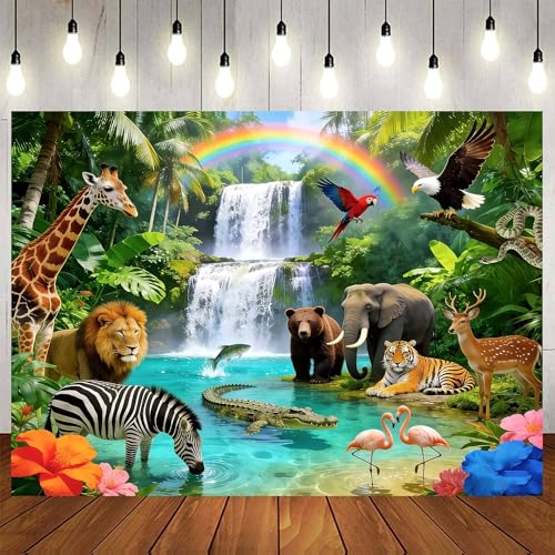 5 x 3 ft Jungle Forest Animals Backdrop Tropical Rainforest Safari Wild Animal Photography Background Boy Birthday Baby Shower Birthday Party Banner Decoration Supplies Newborn Photo Booth Props - color: jungle animal, size: 5x3ft
