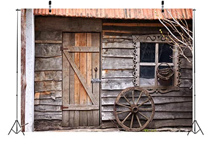 BELECO 5x3ft Fabric Old Wooden House Cabin Backdrop Rustic Farmhouse Barn Door Wooden Window Wheel Background Western Country Scene Cowboys Theme Party Decorations Kids Adults Photo Studio Props - size: 5x3FT