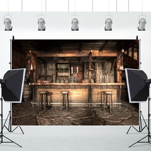 Renaiss 5x3ft Shabby Restaurant Interior Backdrop Rustic Wooden Bar Counter Wine Bottle Photography Background Chili Garlic Tables Chairs Banner Western Cowboy Portrait Shoot Studio Props Wallpaper - color: Brown-5, size: 5x3ft