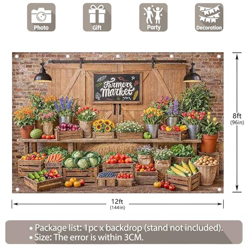 12x8ft Fabric Farmers Market Backdrop Fresh Vegetables Flowers Wooden Barn Spring Photography Background Baby Shower Birthday Party Decorations Photo Banner Props - size: 12'x8'