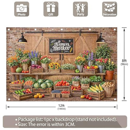 12x8ft Fabric Farmers Market Backdrop Fresh Vegetables Flowers Wooden Barn Spring Photography Background Baby Shower Birthday Party Decorations Photo Banner Props - size: 12'x8'