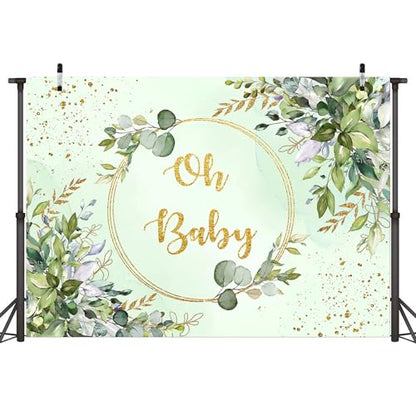 Sensfun Sage Green Baby Shower Backdrop Neutral Greenery Eucalyptus Oh Baby Baby Shower Banner Decorations Photography Background for Boy Girl Gender Reveal Party Decor Supplies Photo Booth Prop 7x5ft - size: 7x5ft
