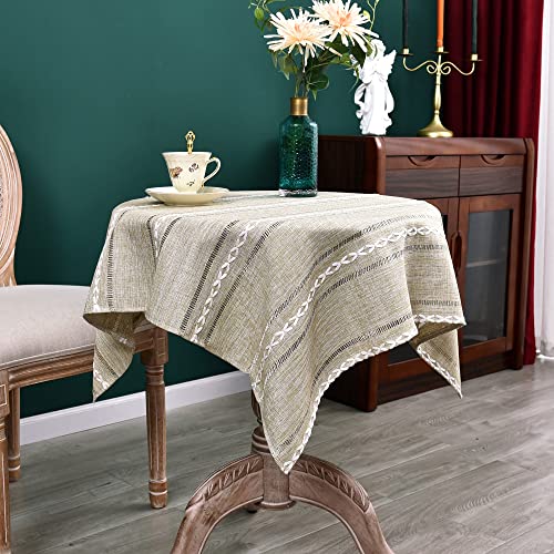 NEWISHER Rustic Farmhouse Embroidered Small Square Tablecloth Jacquard Striped Table Cloth Linen Texture Washable Side Table Cover Kitchen Dining Home Decoration Yellow 36x36 inch - color: Almond Buff, size: 36" x 36" (Square)