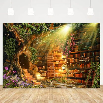 Fairy Woodland Library Backdrop Spring Enchanted Forest Bookshelf Book Tree Photography Backgrounds Magic Nature Girl Birthday Party Decorations Banner Photo Booth Props 9X6ft - size: 9X6ft
