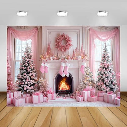 AIBIIN 7x5ft Pink Christmas Backdrop Pink Christmas Tree Fireplace Photography Background Winter Snow Scene Birthday Baby Shower Vinyl Photo Studio Props - color: Fireplace, size: 7x5ft