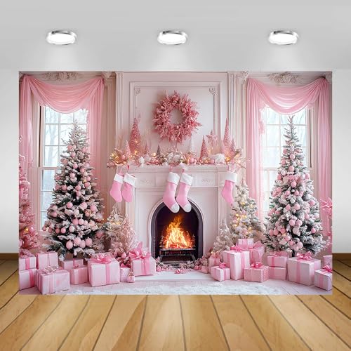 AIBIIN 8x6ft Pink Christmas Backdrop Pink Christmas Tree Fireplace Photography Background Winter Snow Scene Birthday Baby Shower Vinyl Photo Studio Props - color: Fireplace, size: 8x6ft
