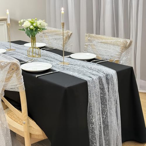 AerWo 2 Pcs Silver Table Runner 10FT, Boho Foil Glitter Sheer Sequin Table Runners 120 Inches Long, Wedding Centerpiece Table Decorations for Party Supplies Bridal Baby Shower Birthday Decorations - size: 2 Pieces, style: Silver