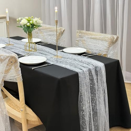 AerWo 2 Pcs Silver Table Runner 10FT, Boho Foil Glitter Sheer Sequin Table Runners 120 Inches Long, Wedding Centerpiece Table Decorations for Party Supplies Bridal Baby Shower Birthday Decorations - size: 2 Pieces, style: Silver