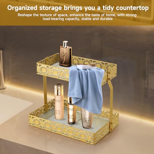 xiaojuande-Two Layer Glass Storage Tray with Portable Dressing Table Skin Care Product Organization Rack Corner Storage Rack for Bathroom Counter High-end Light Luxury Display Plate - Gold (Gold) - color: Gold