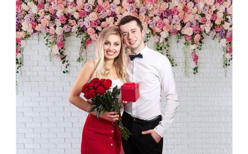 10x10ft White Brick Wall Flowers Background Spring Theme Photography Backdrop for Mother's Day Valentine Wedding Bridal Baby Shower Birthday Party Decor Banner Portrait Photo Booth Prop 134 - size: 10x10ft