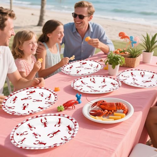 Grencian 50Pcs Crawfish Boil Oval Paper Plates 10" X 12" Disposable Red Grid Pattern Crawfish Party Plates Crawfish Tableware for Lobster BBQ Gathering Picnic Cookout Carnival Birthday Decorations - style: 50Pcs Crawfish Oval Kit