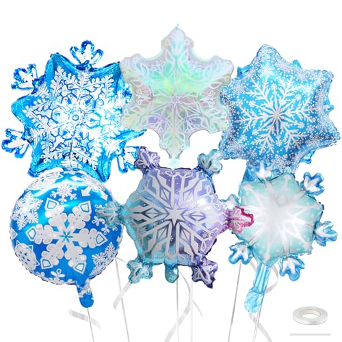 Biapian Snowflakes Balloons Set, Large Snowflake Shaped Foil Balloon, Blue Purple Silver Iridescent Snow Balloons for Ice Snow Princess Themed Birthday Party Decorations Winter New Year Decorations - style: Snowflake
