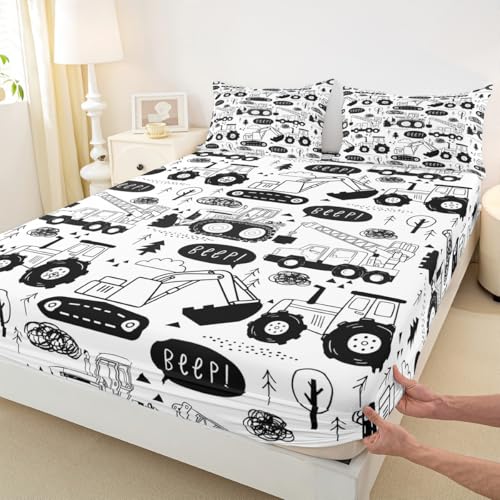 Manfei Cartoon Cars Kids Fitted Sheet Queen Size,Tractor Truck Excavator Toddler Bedding Set,Girls Boys Adults Room Decor,Construction Vehicles Bed Cover,Black White Chic Bed Sheet,2 Pillowcases - color: Multi 24, size: QUEEN (W60*L80*H16")